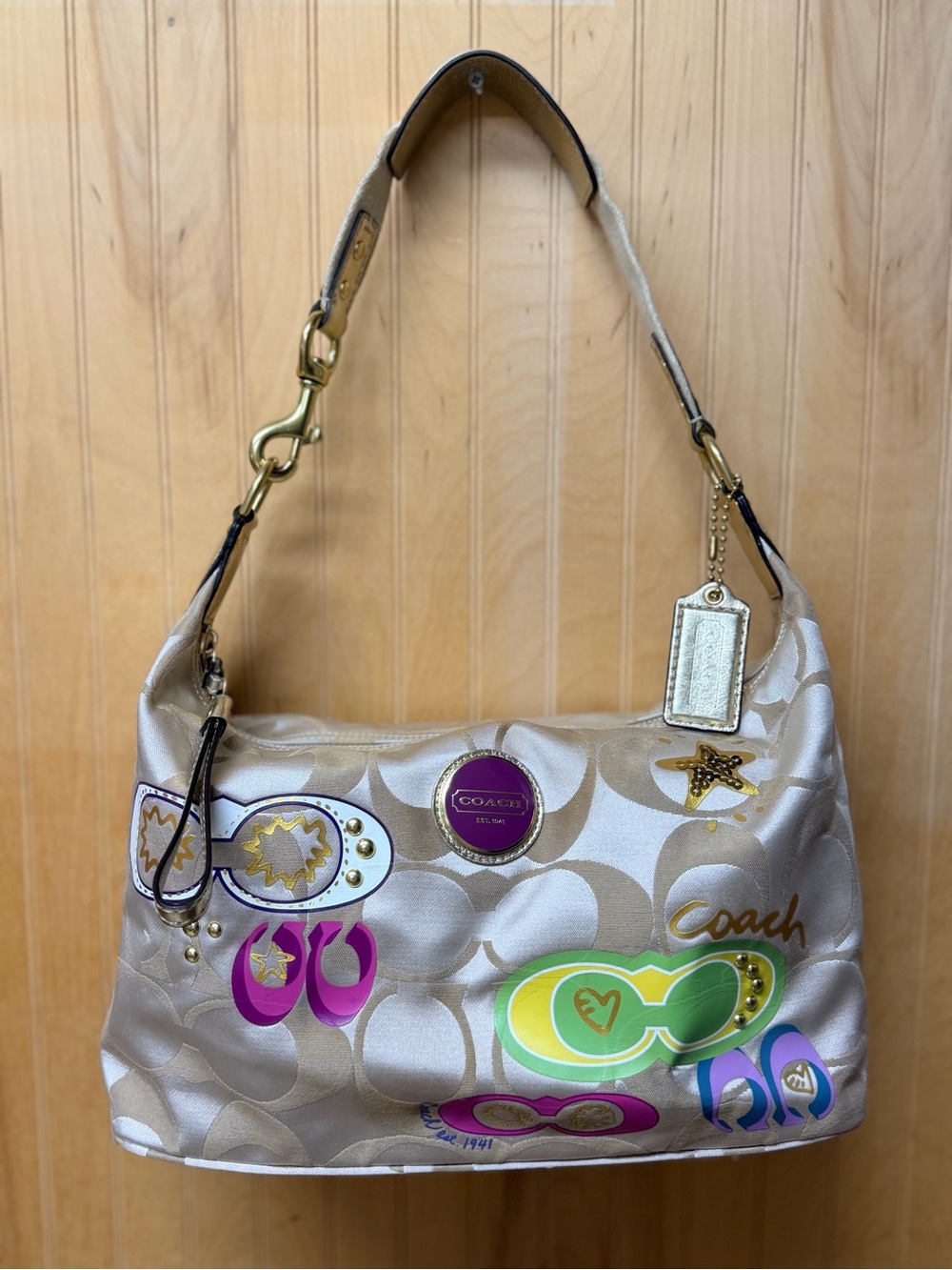 Coach Poppy Khaki Sateen Logo Multicolor Applique Hobo Bag (F17586)